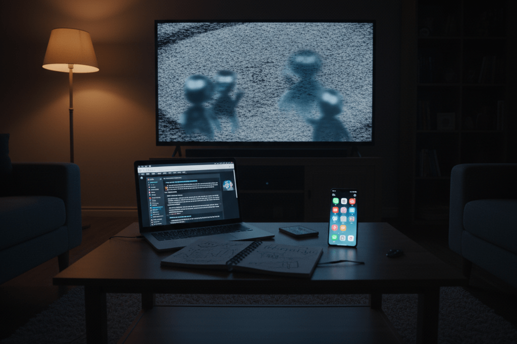 Wide shot of a living room with TV showing static, laptop open to forums, and phone glowing with social media activity under warm ambient lighting