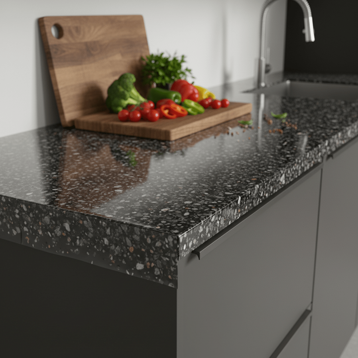 Resurfaced kitchen countertop with thick black granite-effect vinyl film, high-gloss finish.