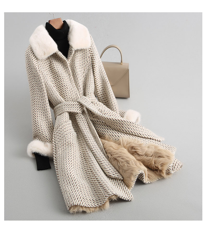 A68247 Women Herringbone wool belt coat mink fur collar lamb fur lining jacket overcoat winter warm coat genuine winter coat