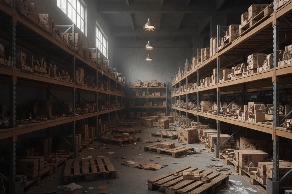 Dimly lit warehouse with shelves of chocolate products and signs of recent theft under ambient lighting