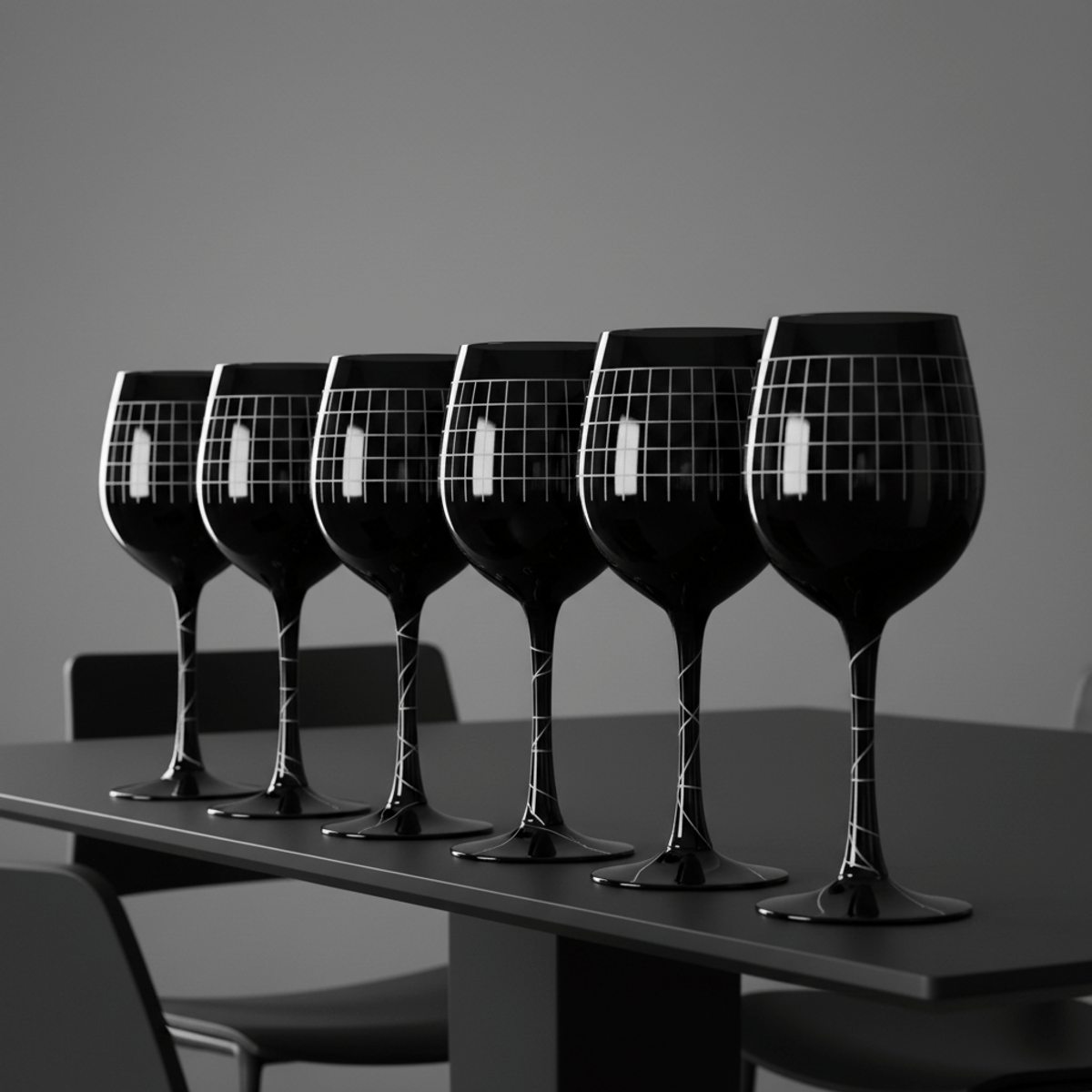 Sleek black wine glasses with minimalist grid patterns and geometric etching on a modern table.