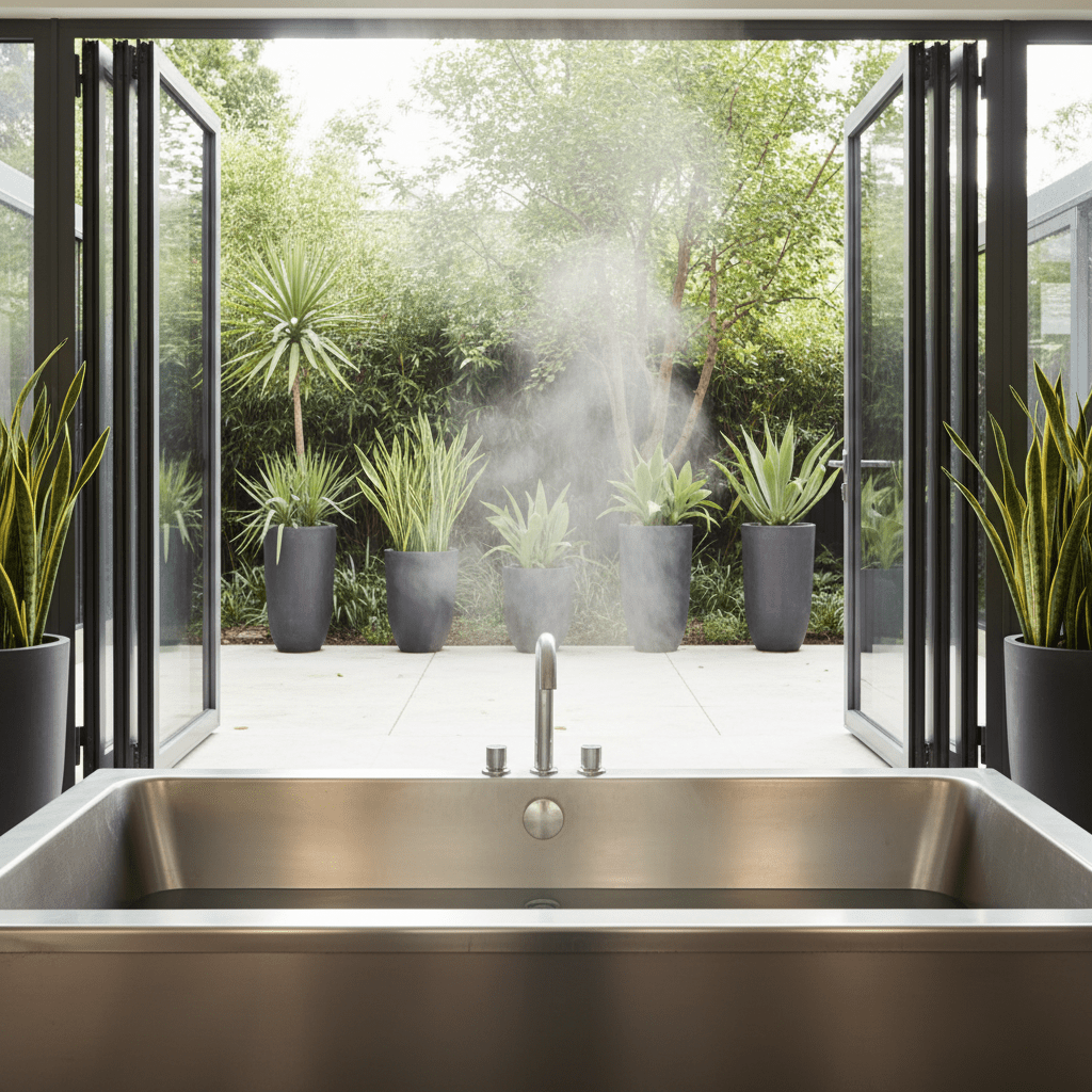Sleek stainless steel tub opens to lush garden with stone patio.
