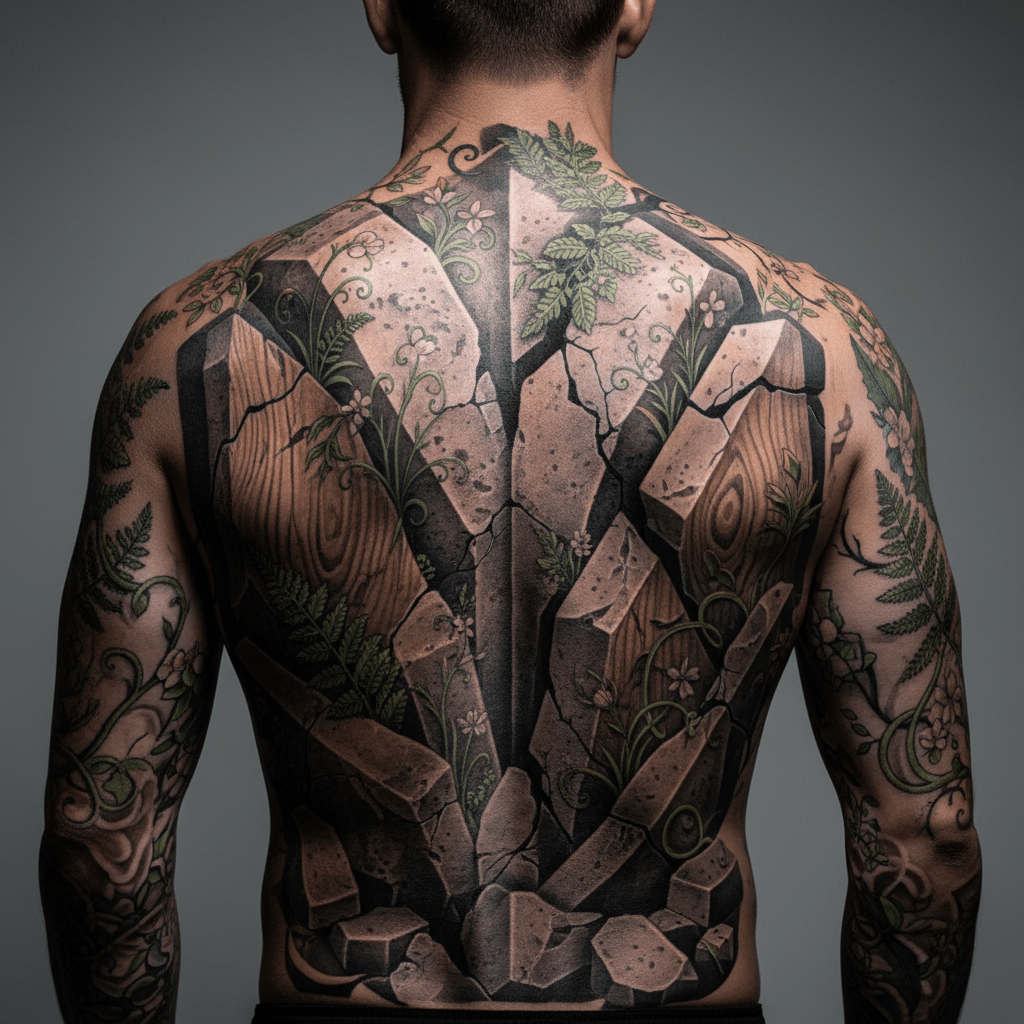 Back tattoo design: brutalist architecture reclaimed by ferns and wildflowers.