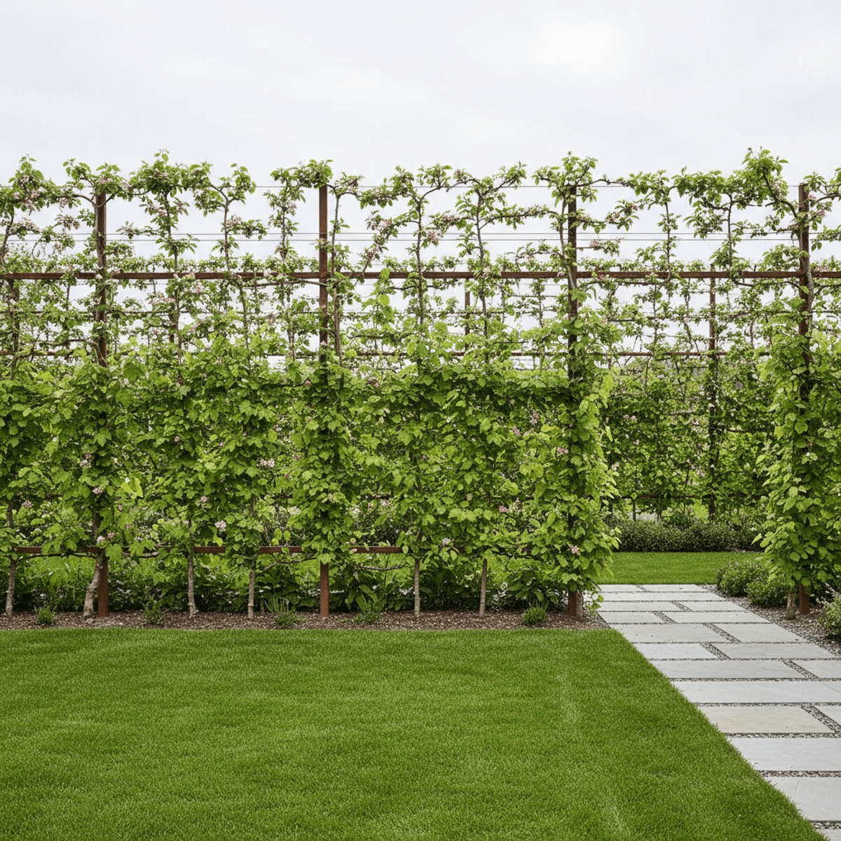 Dwarf fruit trees and grape vines trained in a modern, manicured espalier garden.