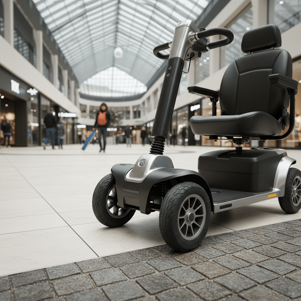 Mobility scooter tire detail, urban plaza and mall. Close-up of a mobility scooter's puncture-proof tire with foam texture on urban surfaces.