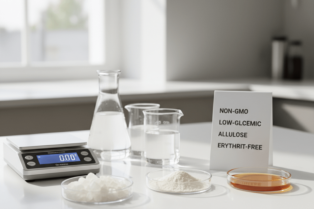 Close-up of monk fruit crystals, allulose powder, and liquid stevia on a lab bench with scientific tools and natural lighting