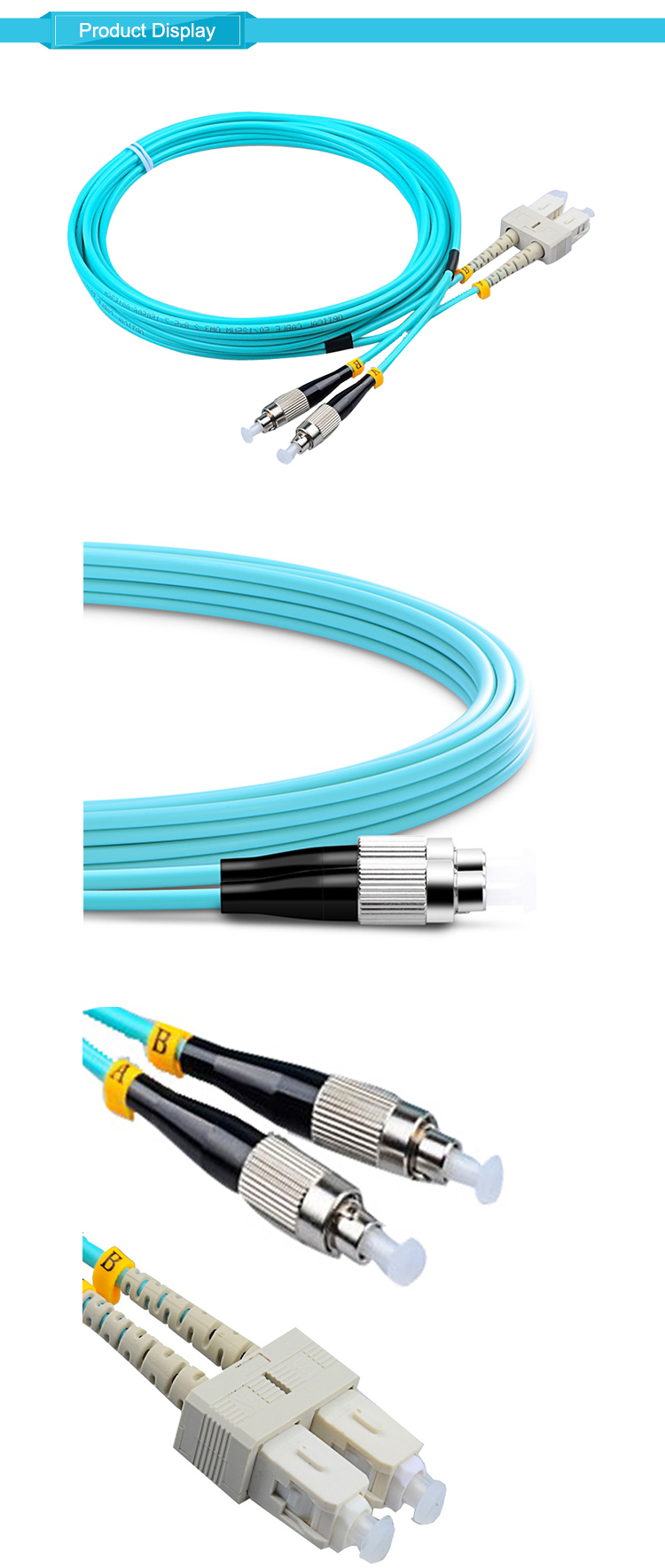 50/125um 2.0mm Multimode Duplex 3 Meter OM3 FCPC-SCPC Fiber Optic Patch Cord