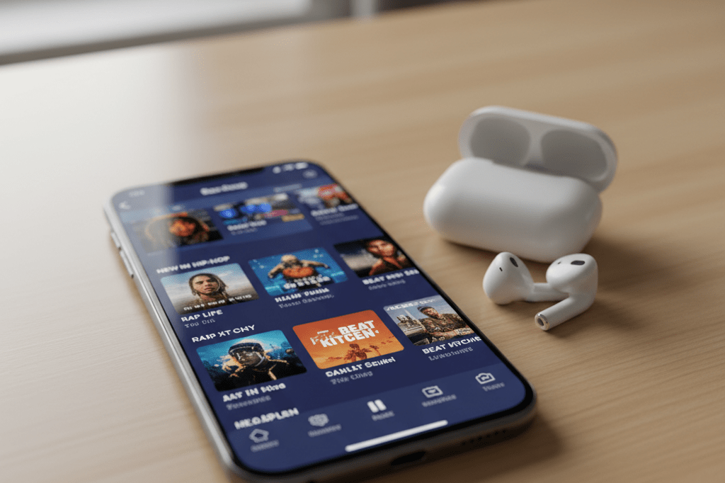 Close-up view of a smartphone displaying streaming playlists beside wireless earbuds under natural indoor lighting