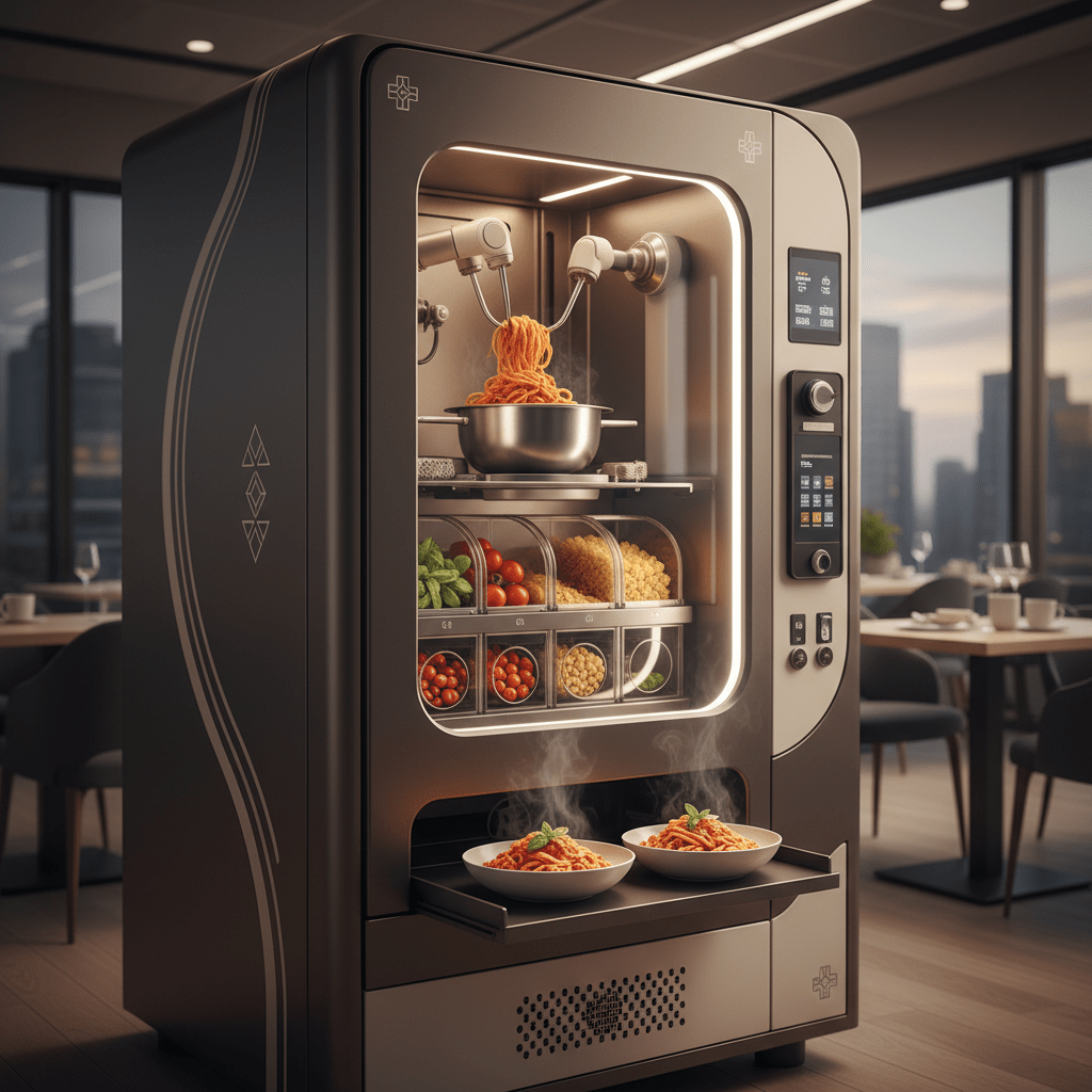 Elegant gourmet food vending machine preparing pasta with automated mixing and plating.