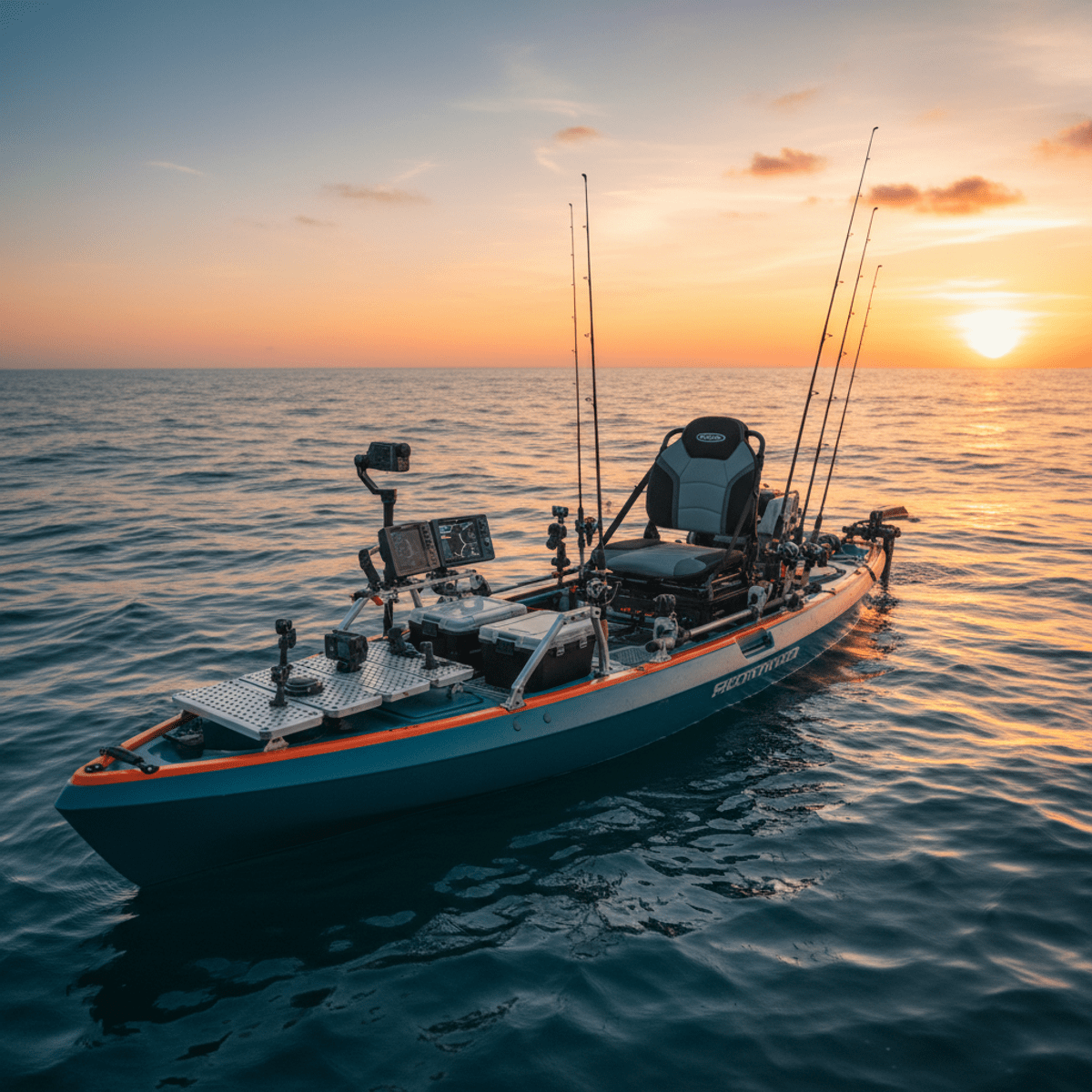 Sleek fishing kayak with custom deck at golden hour Sleek fishing kayak with custom deck drifts against offshore horizon at golden hour.