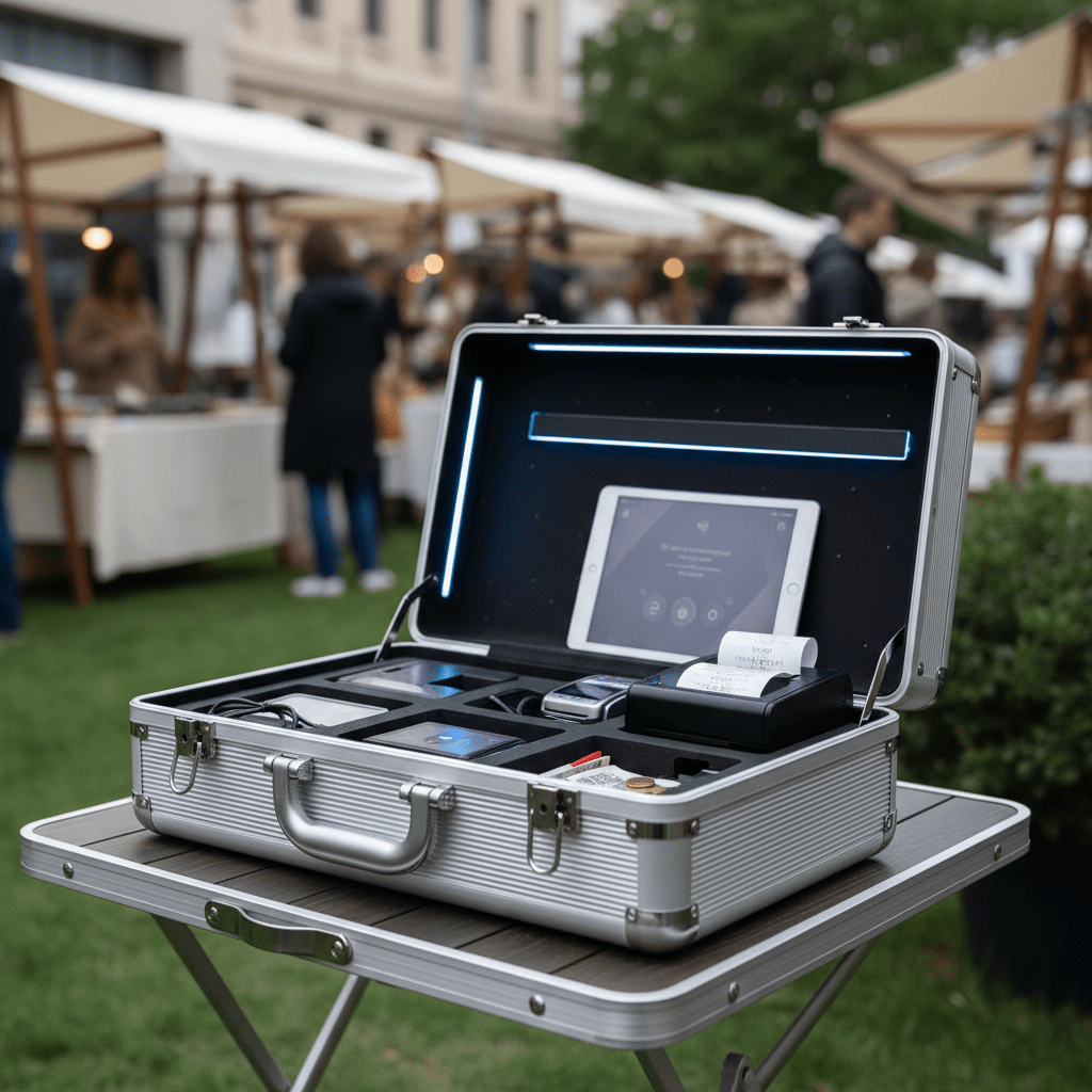 Open futuristic aluminum point-of-sale briefcase with tablet and printer at outdoor market.