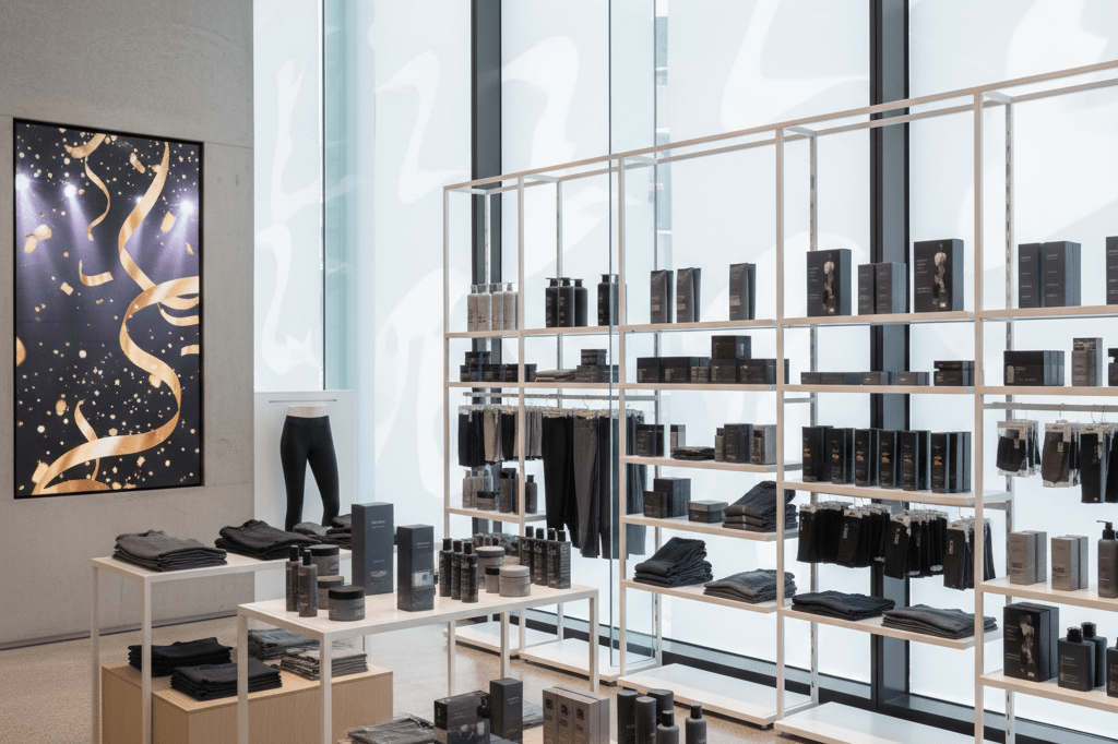 Sleek retail setup featuring athletic wear and grooming products under natural light, highlighting strategic merchandising tied to cultural events