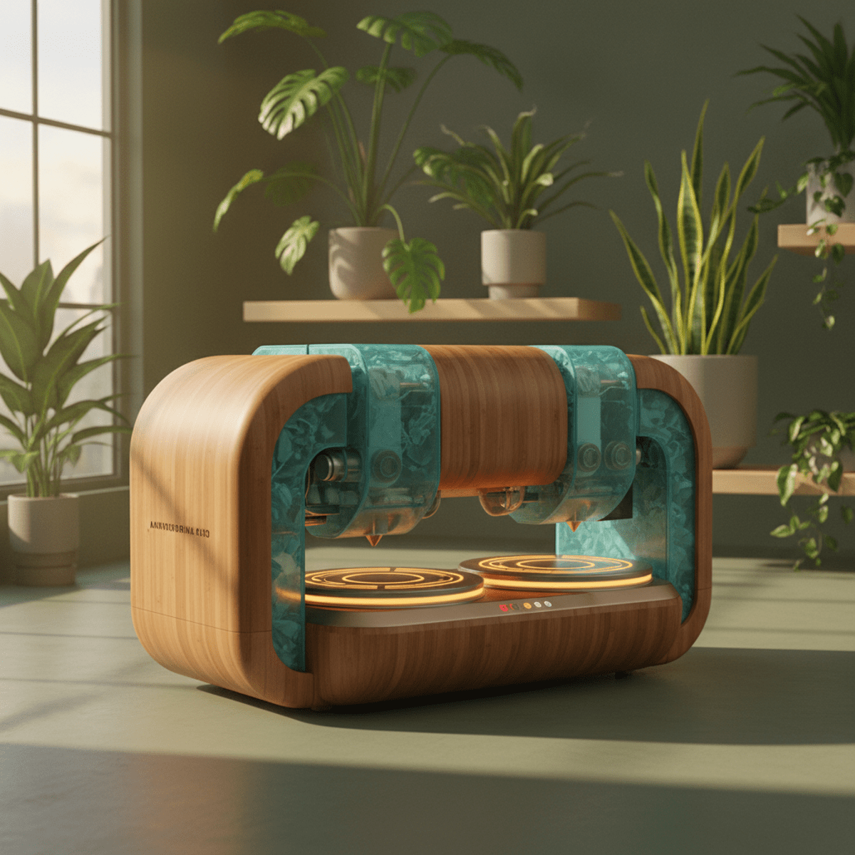 Futuristic sustainable pancake machine with bamboo and recycled plastic components.