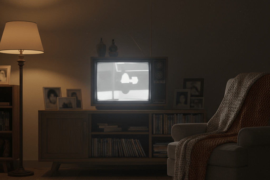 Dimly lit living room featuring a vintage TV and cozy decor under ambient lighting, symbolizing emotional investment in comebacks