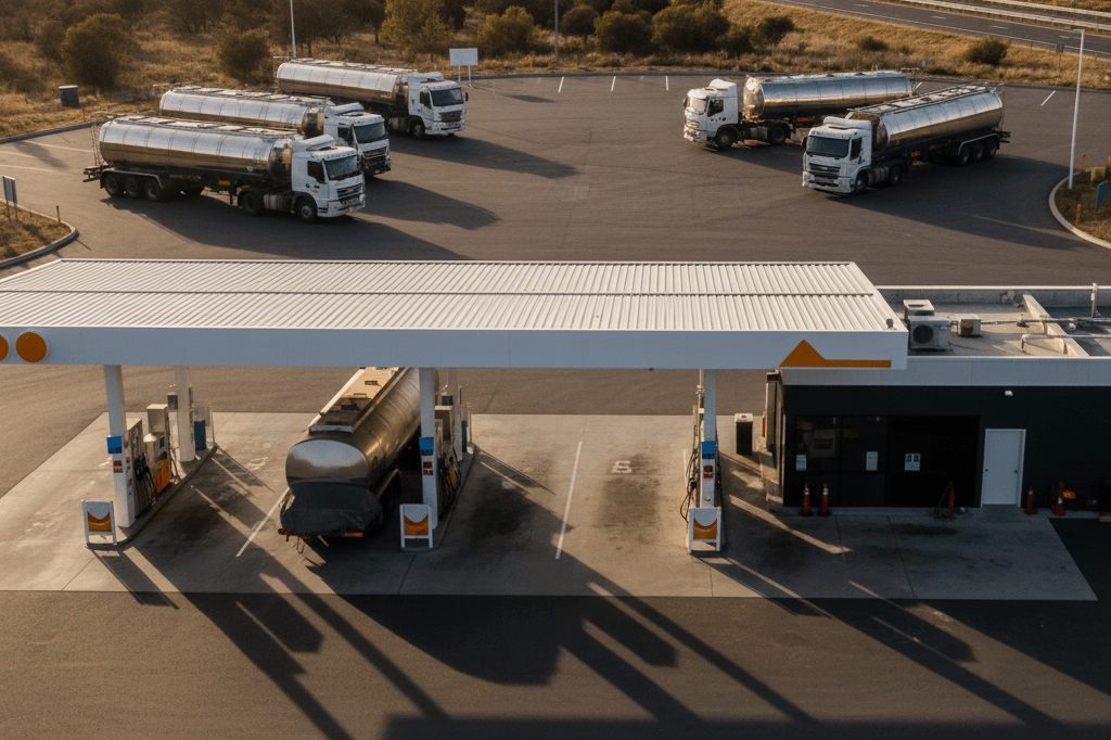 Wide shot of an Australian service station with empty pumps and fuel tankers in background under warm natural light