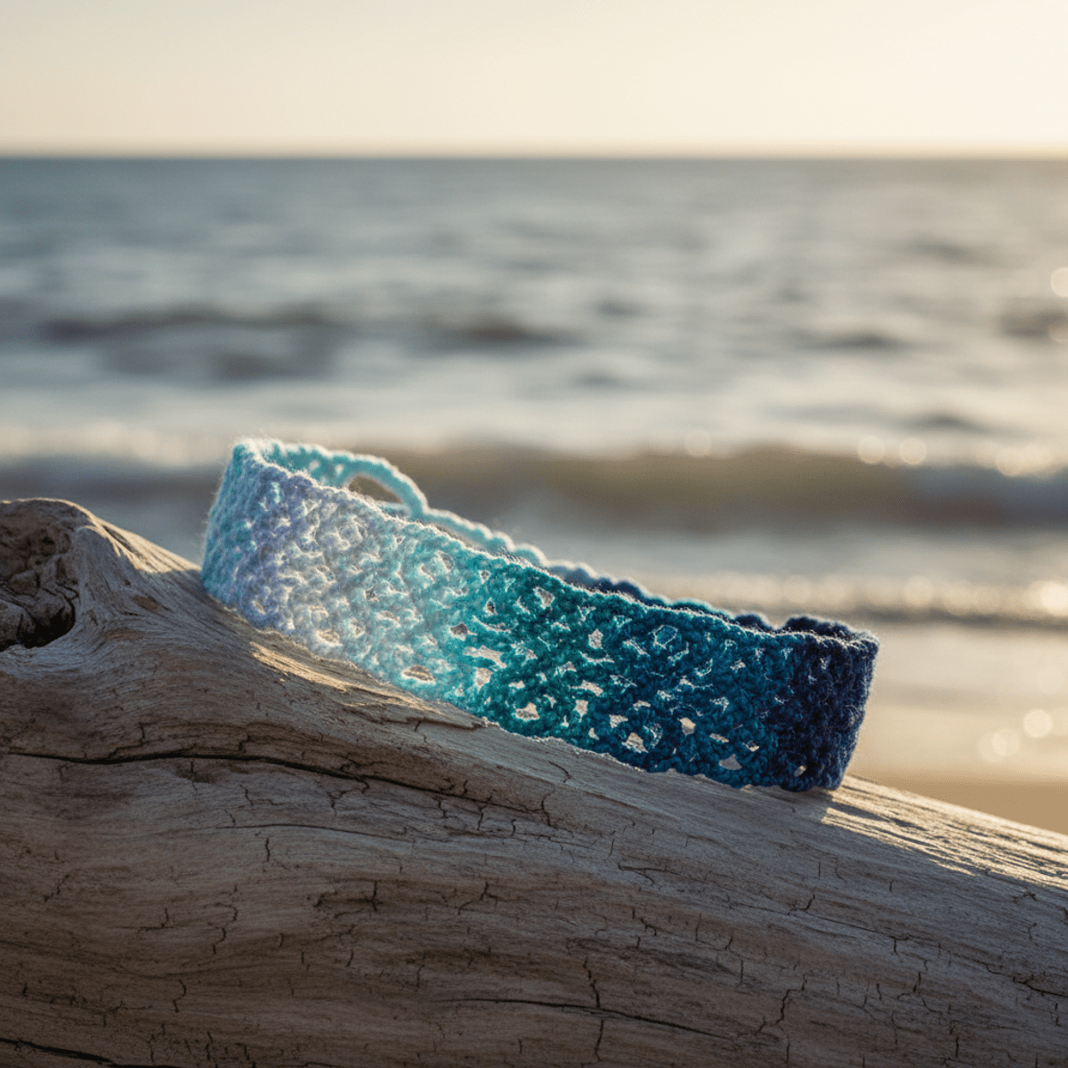 Artisanal cotton embroidery bracelet with ombré blue to navy, fine woven texture.