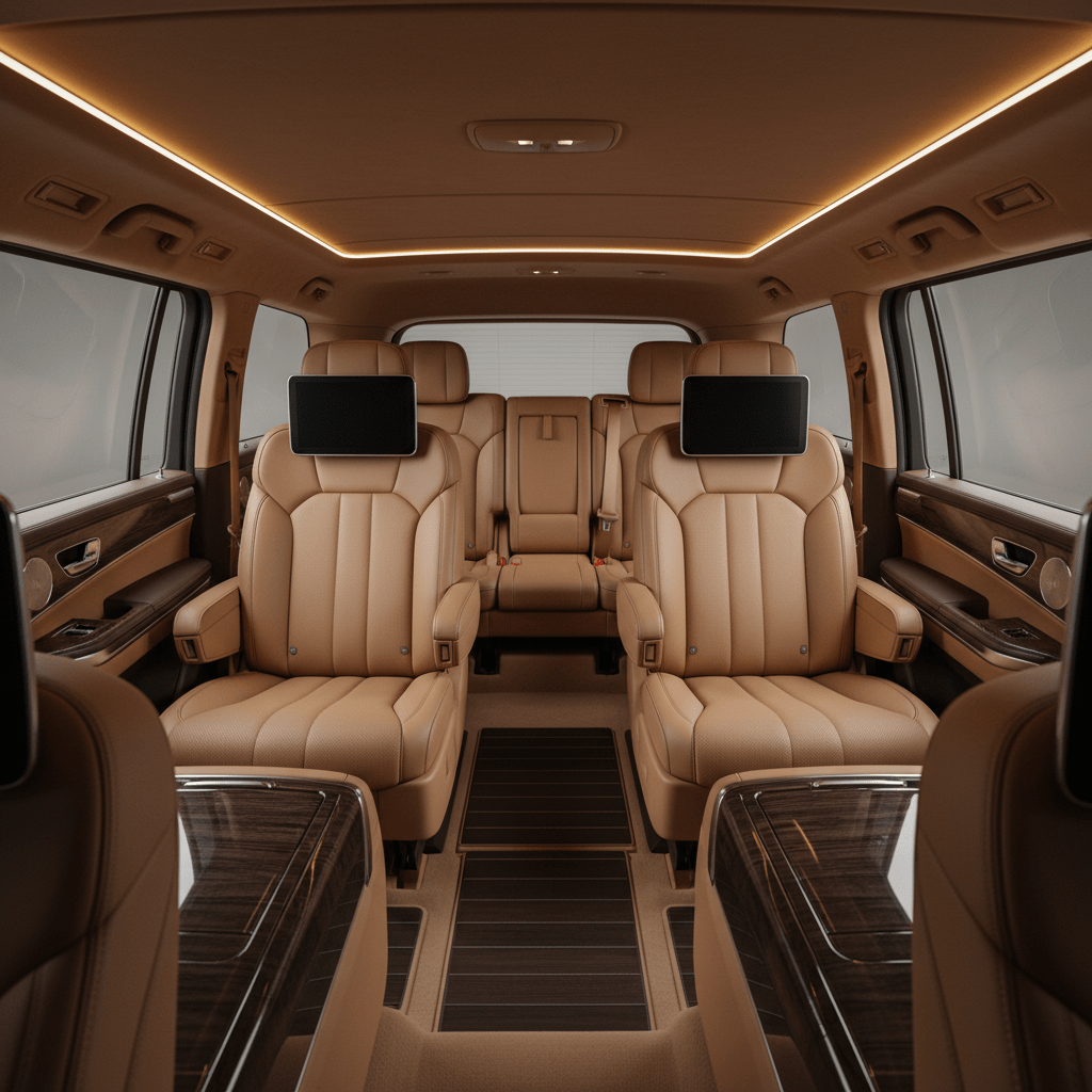 Luxury SUV interior with premium tan leather seating Spacious luxury SUV interior with tan leather captain's chairs and entertainment screens.