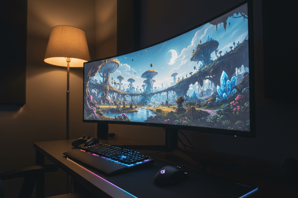 Wide-angle view of a gaming station with detailed open-world visuals under ambient lighting, highlighting premium interactive experiences