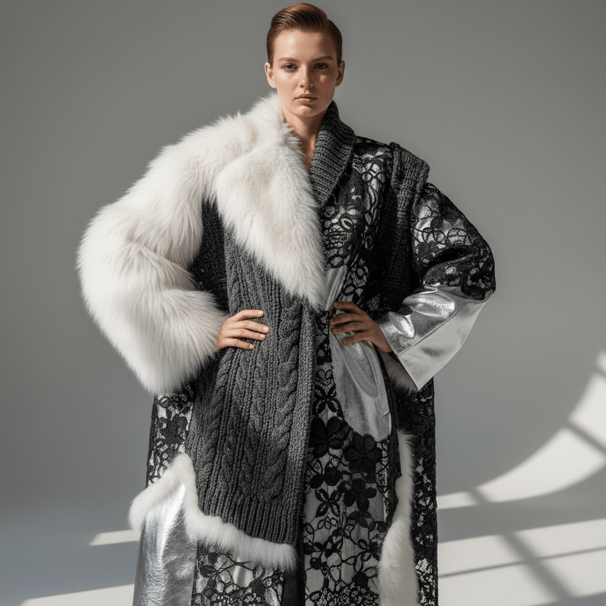 Maximalist coat with faux fur, patent leather, cable knit, and lace appliqués.