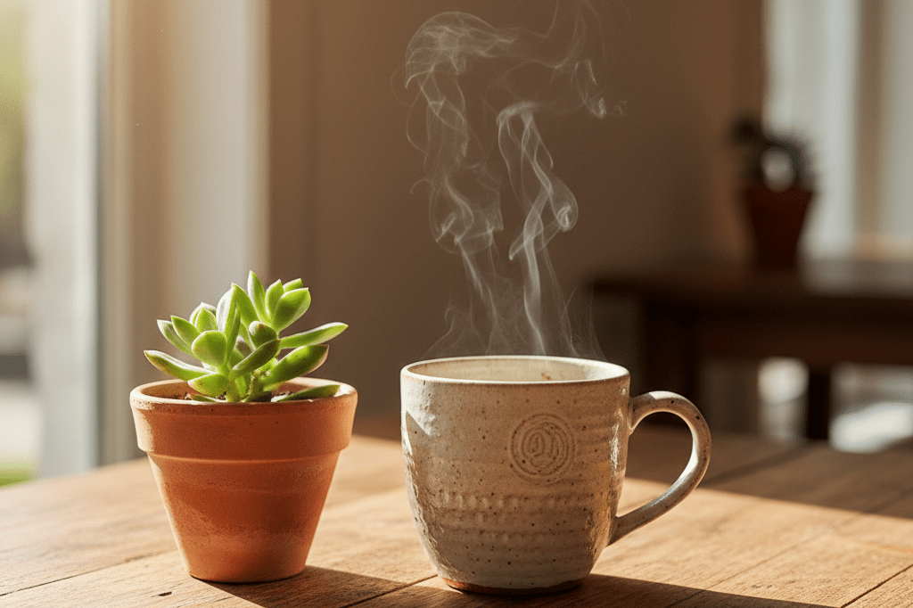 Authenticity symbolized through simple objects in natural light Branded coffee cup and plant on wooden table lit by natural light, representing genuine connection in modern markets