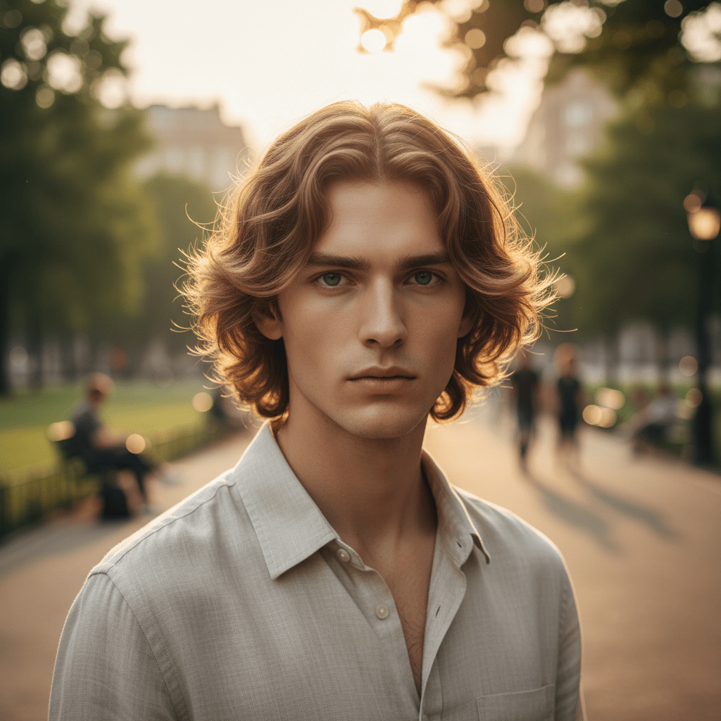 Male model with flowing bio-wave curtain hairstyle in golden hour light.