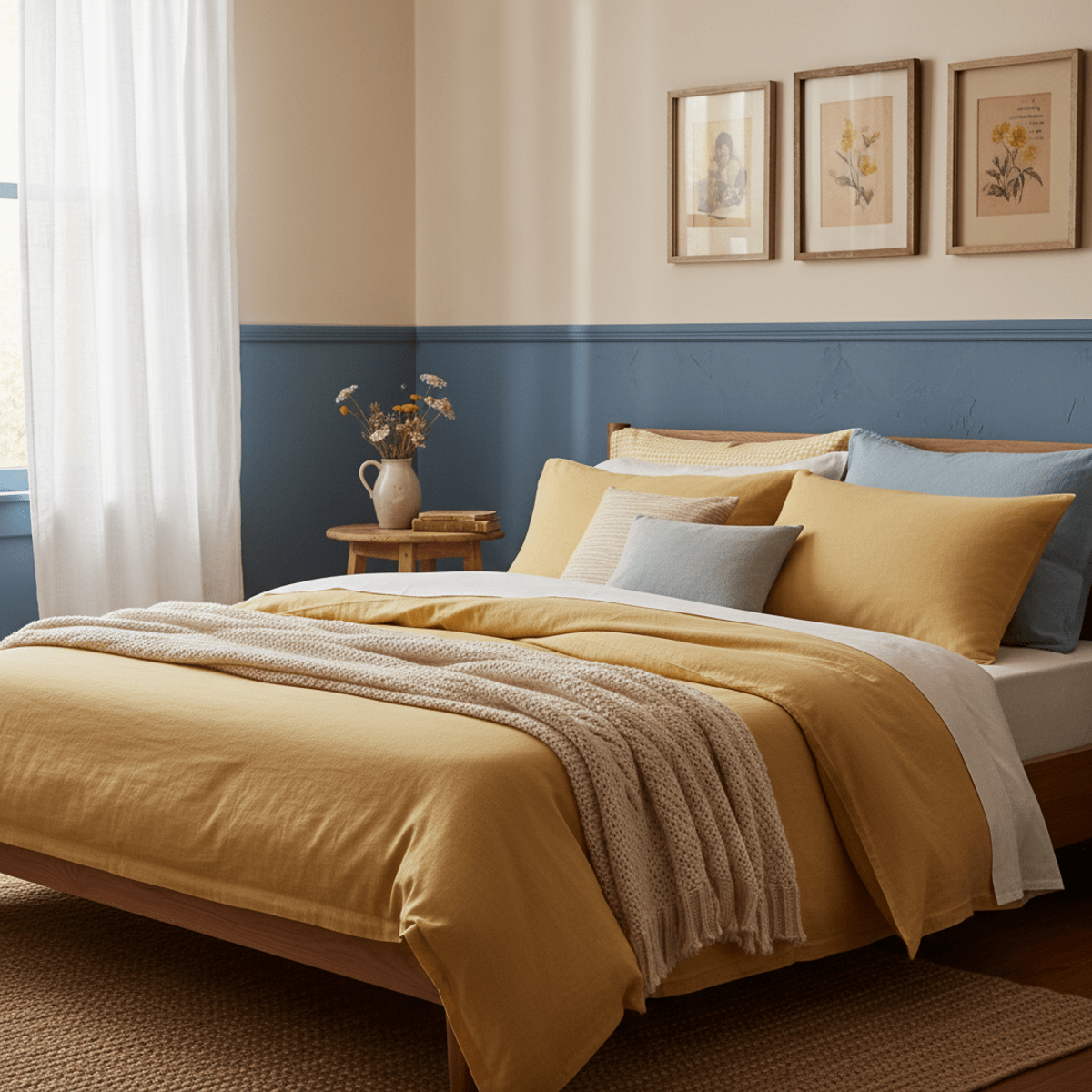 Serene vintage bedroom with faded denim blue walls and butter yellow bedding.
