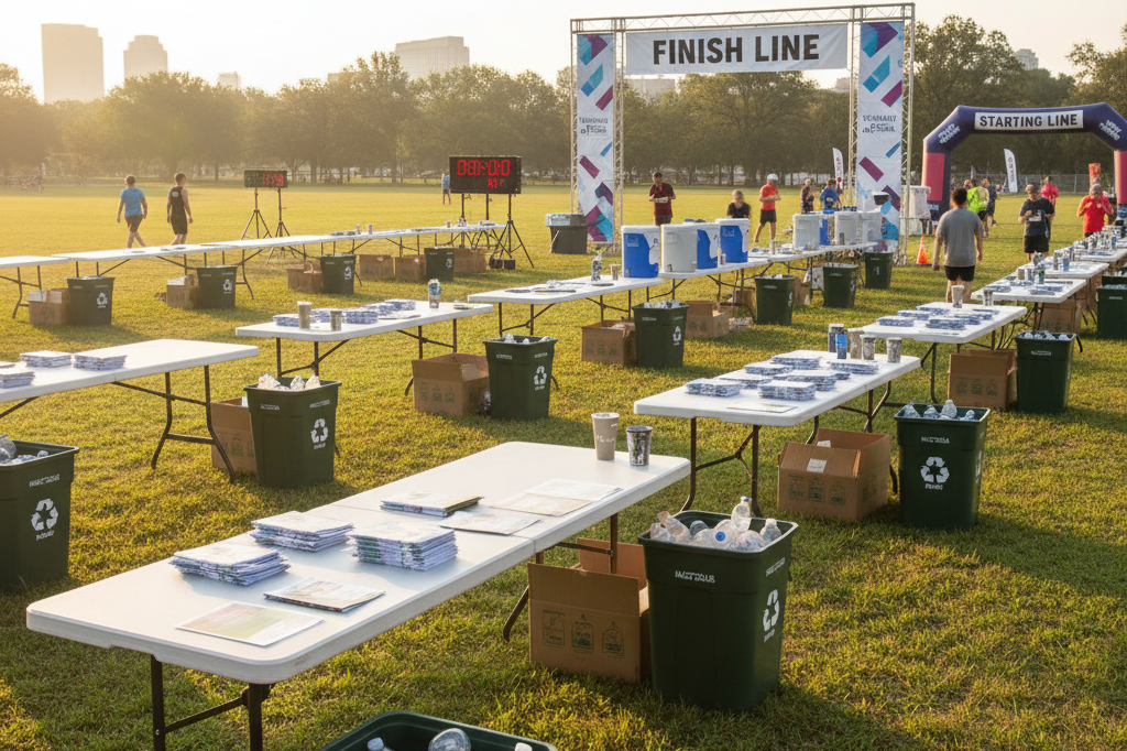 Wide view of organized event supplies including hydration stations, recycling bins, and signage under natural light, highlighting sustainability efforts