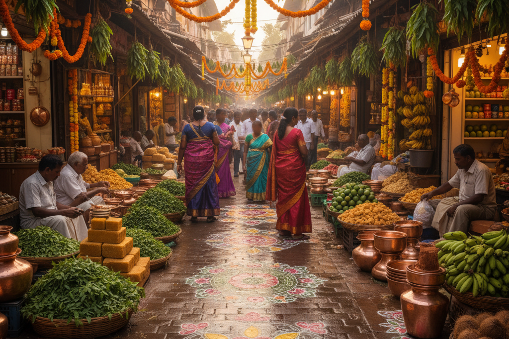 Colorful Ugadi-themed market showcasing festive goods under warm ambient lighting