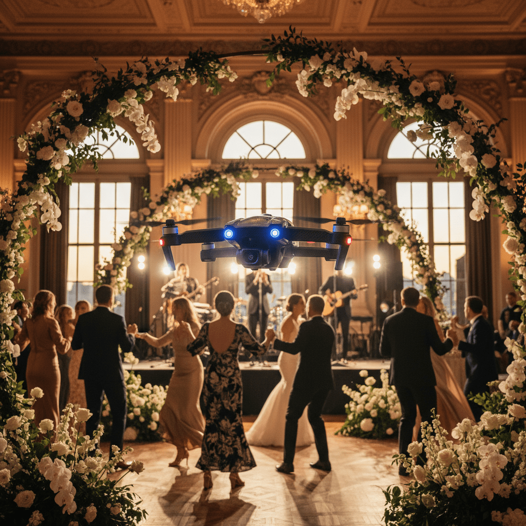 Drone captures wedding reception with floral archways and dancing guests.