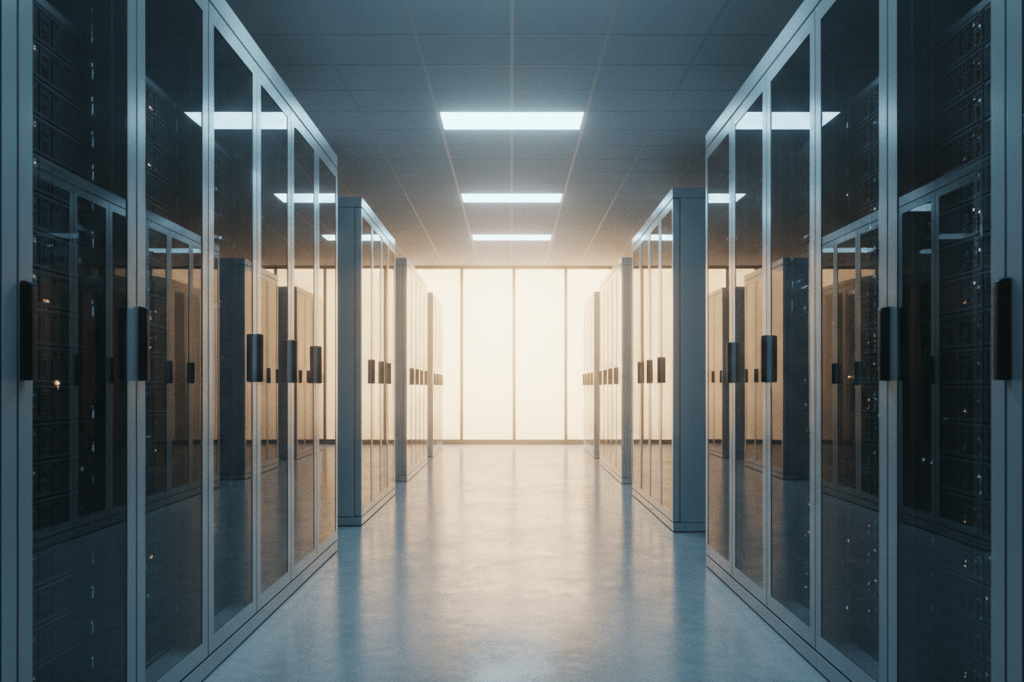 Rows of server racks in a futuristic data center environment Wide shot of a sleek data center hallway with glowing server racks under ambient lighting, symbolizing advanced AI infrastructure