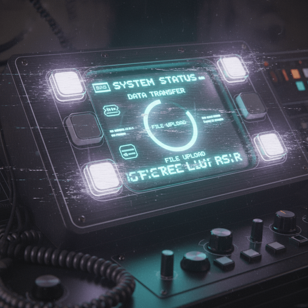 Retro-futuristic UI panel with analog VCR imperfections on a dark metallic desk.