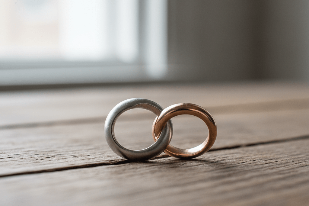Close-up of two intertwined rings on a wooden surface under natural light, symbolizing strong and adaptable relationships