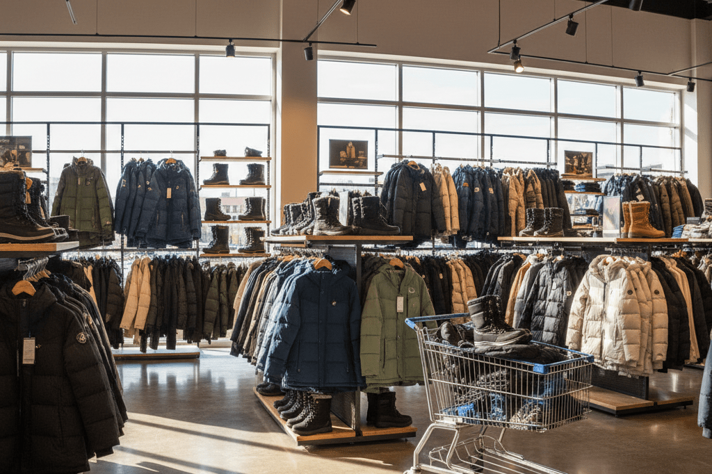 Stocked shelves of winter coats and snow boots in a retail store lit by natural and ambient light, reflecting weather-driven consumer behavior.