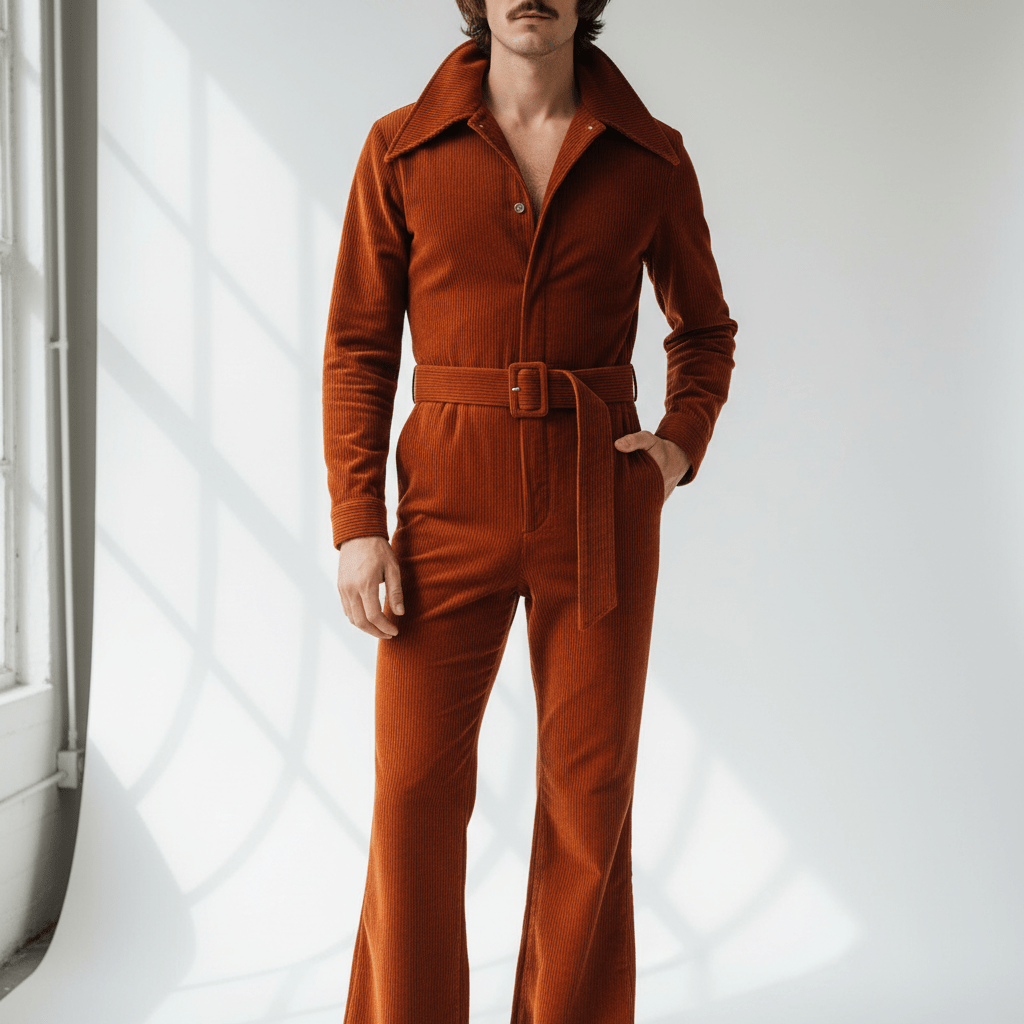 Male model in vintage corduroy jumpsuit with flared legs in a bright studio.