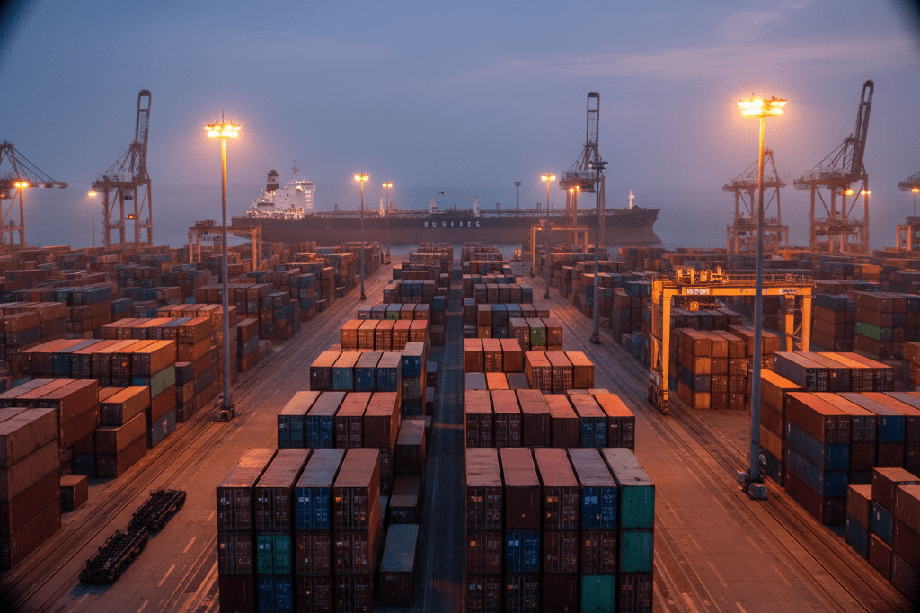 Wide-angle view of a busy port with stacked containers and distant tanker against warm evening light, symbolizing strained supply chains