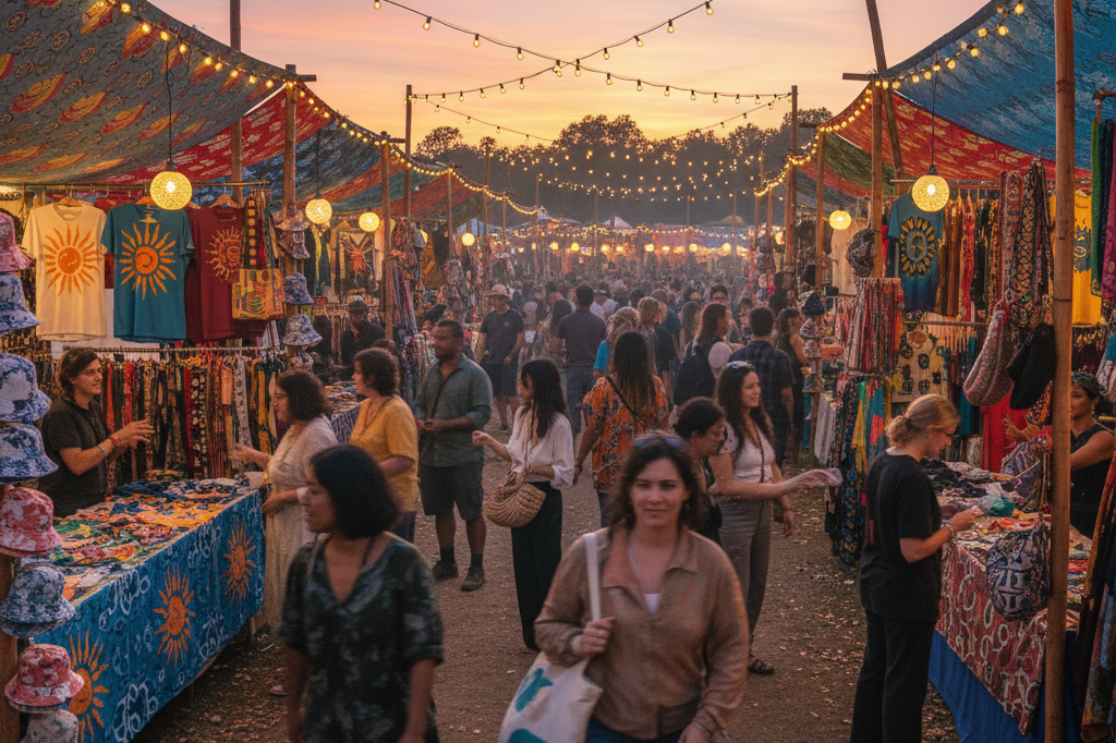 Vibrant festival merchandise area illuminated by ambient lighting Wide-angle view of festival booths selling generic apparel under fairy lights during a lively evening event