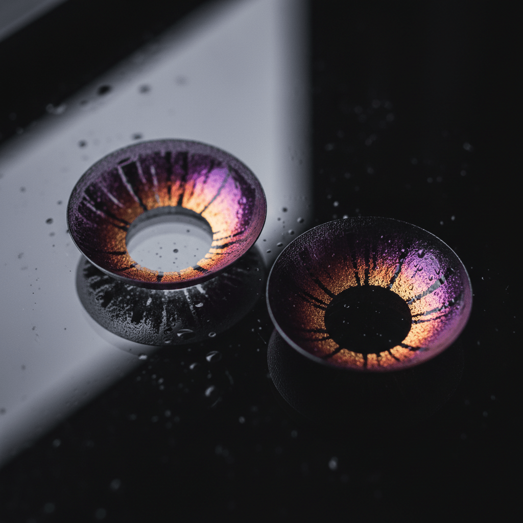 Macro shot of colored contacts showing a purple to copper duochrome shift on black.