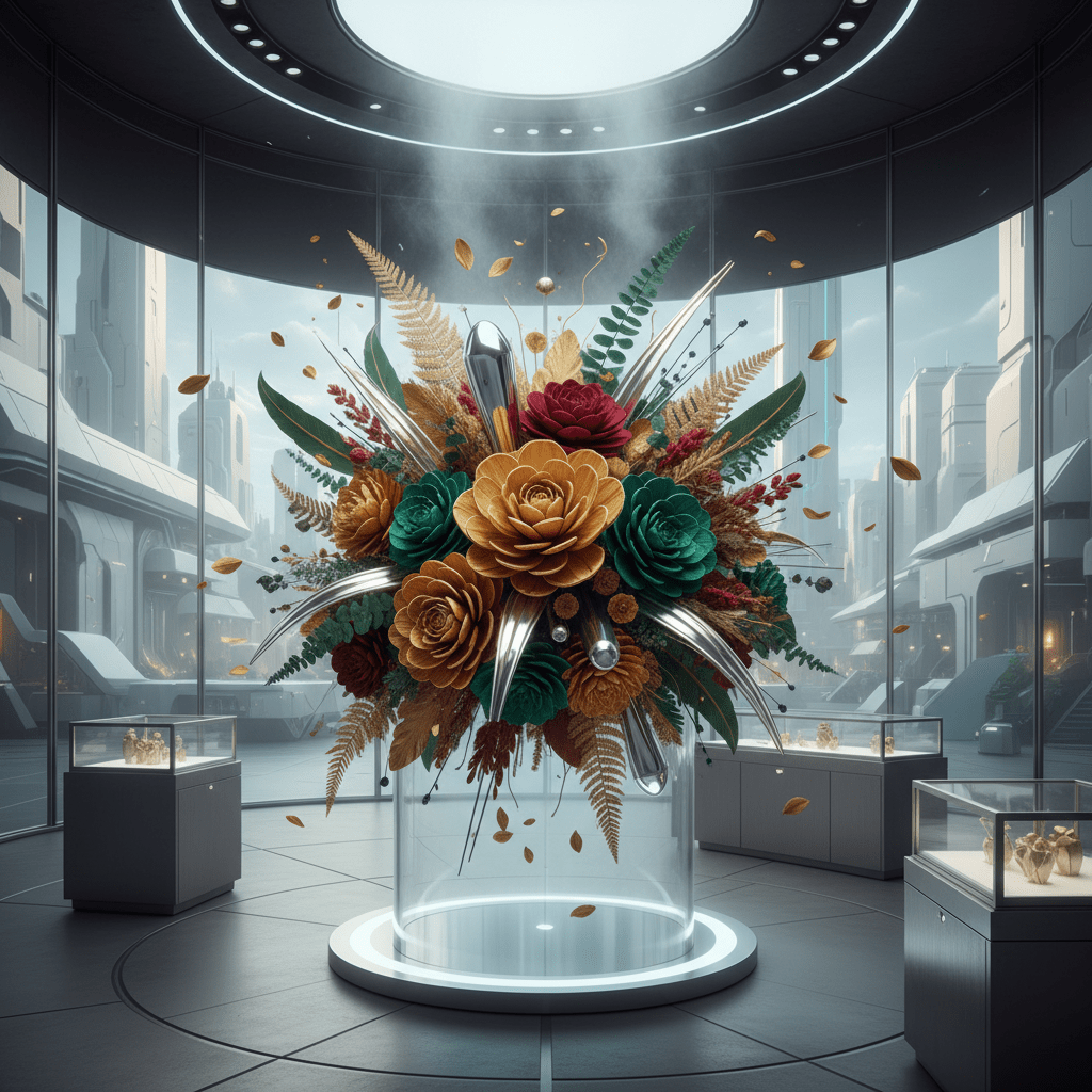 Artistic forever flower sculpture with preserved blossoms and sola wood petals.