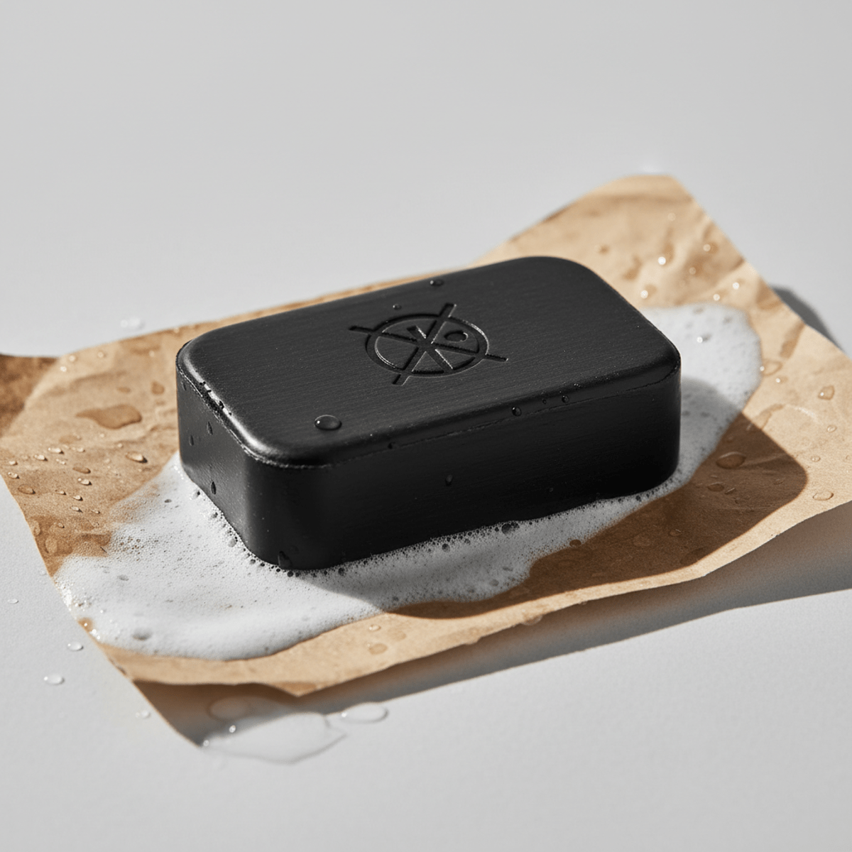 Luxurious charcoal face wash bar with silky foam and water droplets.