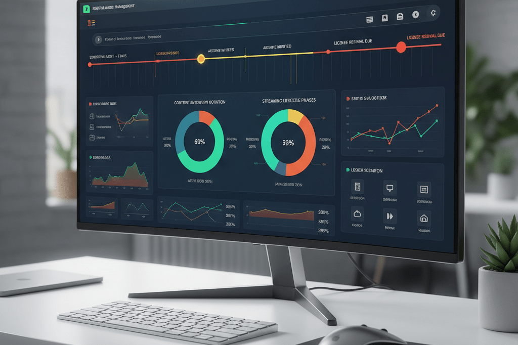 Clean office monitor displaying generic digital asset expiration alerts and inventory charts under soft ambient light