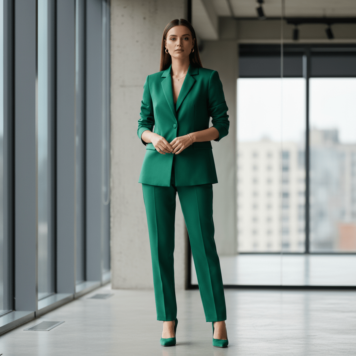 Confident woman in emerald green suit stands in a modern minimalist office.