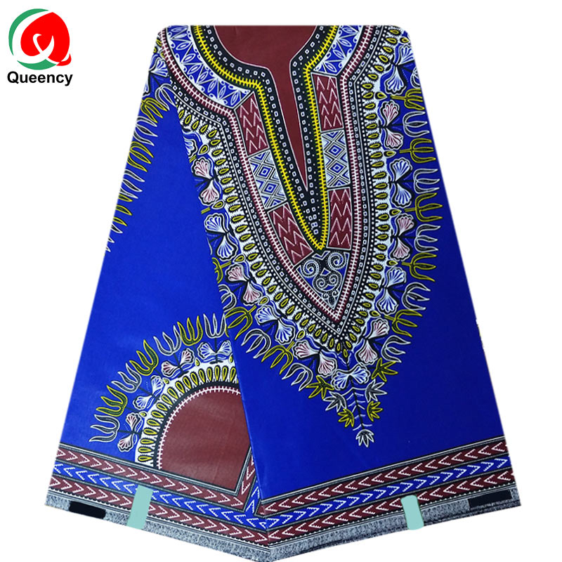 Восковая ткань Queency из 100% хлопка с Африканской печатью, ярко-голубая восковая ткань с узорами Дашики
