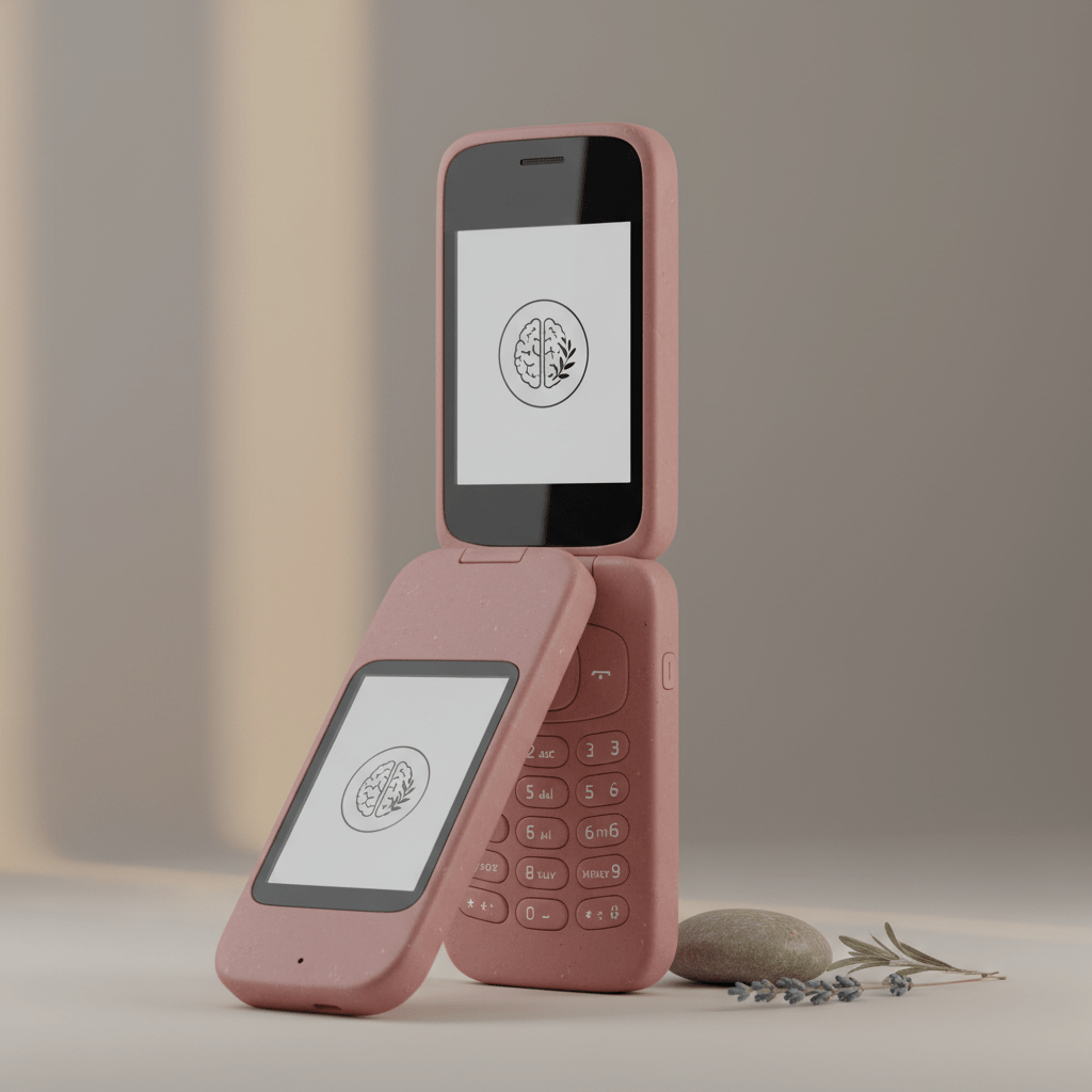 Modern dusty rose phone with tactile bio-composite T9 keypad and monochrome screen.