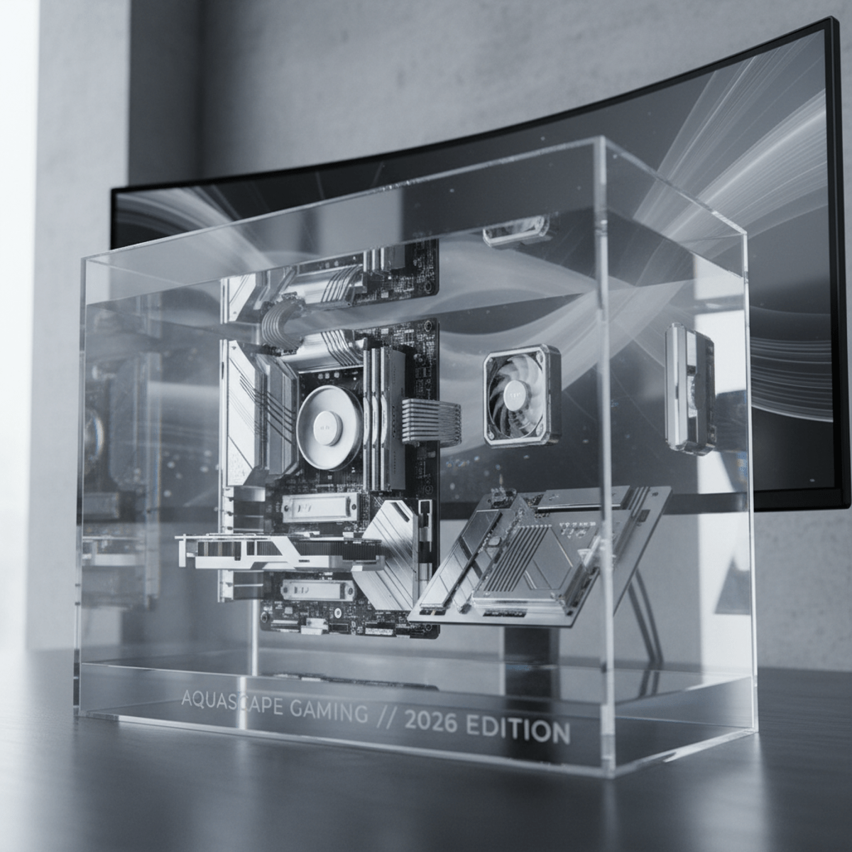 Levitating PC hardware in frameless acrylic case with near-invisible coolant.