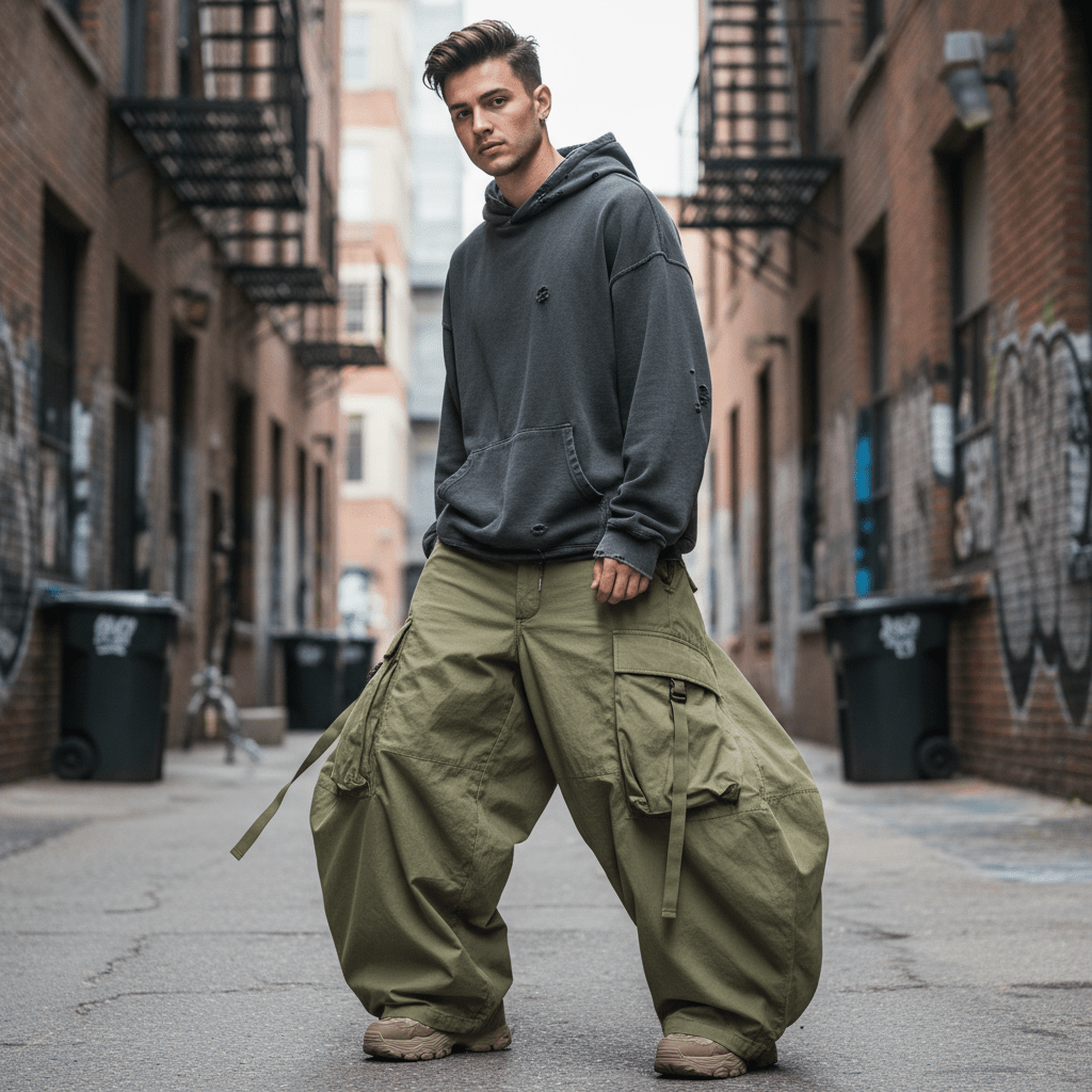 Young model in oversized cargo pants with wide legs in an urban alleyway.
