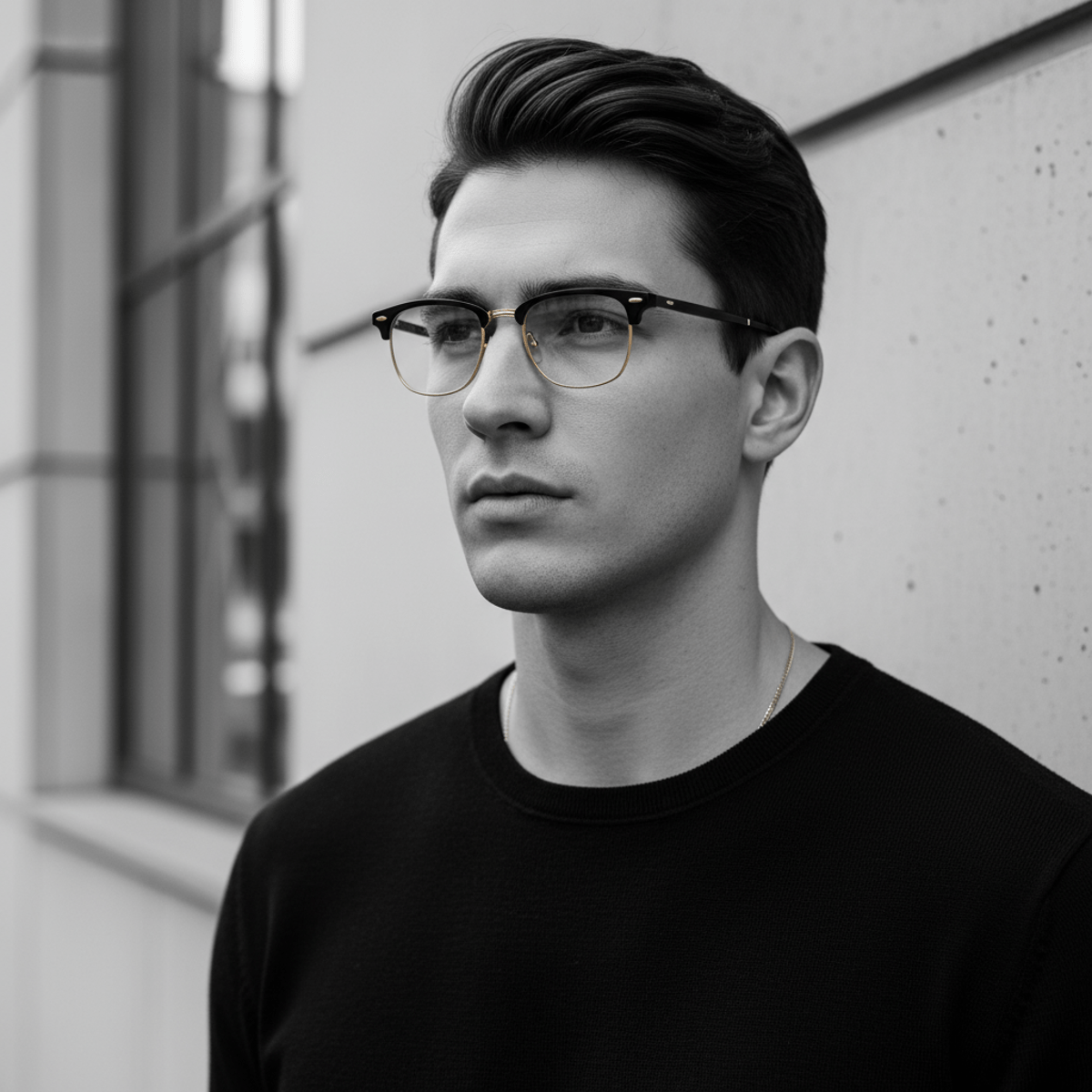 Contemporary clubmaster glasses with matte black browline and gold rims.