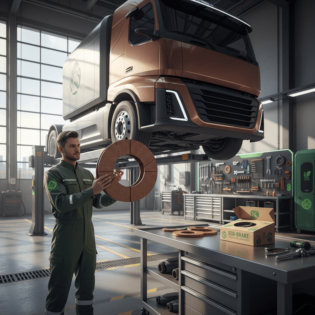 Mechanic inspects copper-free ceramic truck brake pads in a well-lit service bay.
