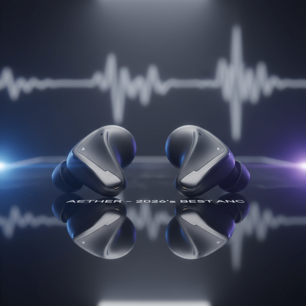 Sleek, modern noise cancelling earbuds with ergonomic stems on reflective glass.