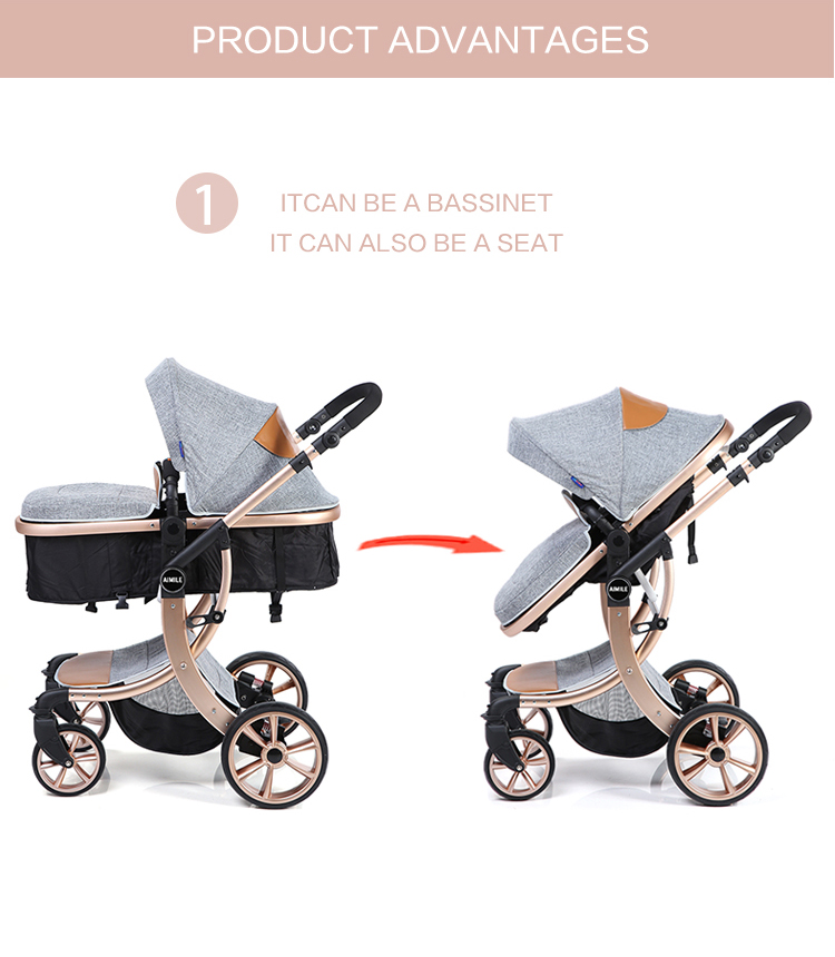 European Style Luxury Baby Pram 3 in 1 Leather Fabric Baby Stroller, Mima High landscape Stroller