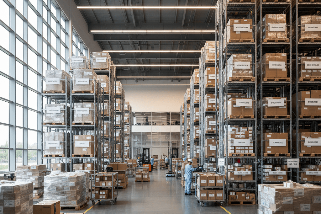 Organized medical supply shelves and equipment crates in a well-lit logistics hub symbolizing consolidated healthcare operations